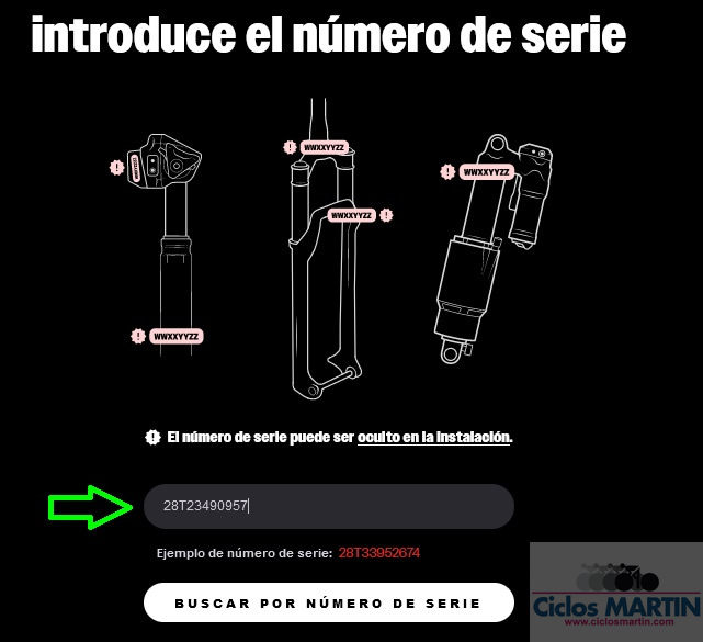 Pantalla de RockShox TrailHead para introducir el número de serie de la horquilla