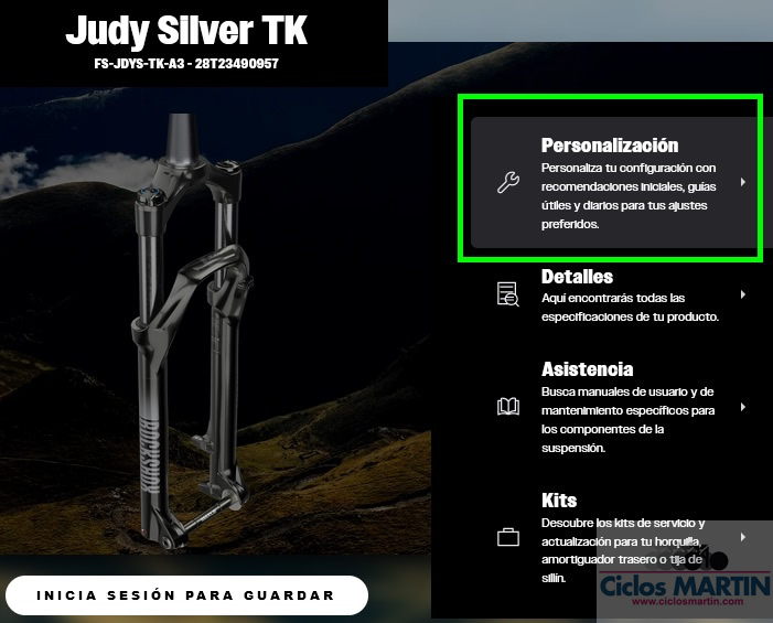 Apartado de personalización de una horquilla RockShox en TrailHead